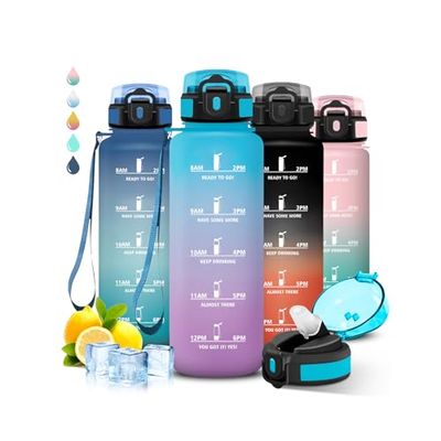 Borraccia 1,5 litri, Borraccia con Cannuccia, Senza Perdite, Borraccia Motivazionale, Facile da Pulire, Borraccia con Orari per Bere, Con Chiusura di Sicurezza, per Fitness, Campeggio, Escursioni