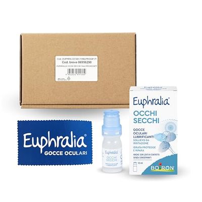 Euphralia Occhi Secchi - Gocce Oculari Lubrificanti, Rimedio contro Secchezza Oculare, Azione Protettrice e Riparatrice, con Acido Ialuronico, Ginkgo Biloba - Flacone da 10 ml + Panno Occhiali