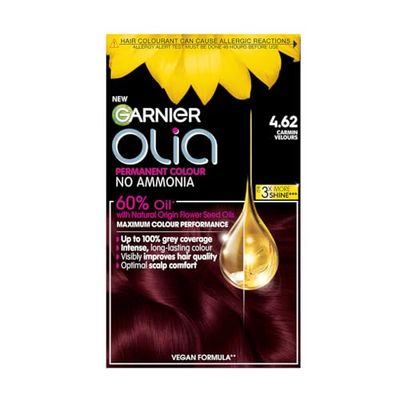 Garnier Olia Permanent Hair Dye, No Ammonia, Full Grey Coverage, Long-lasting Colour & Shine, Vegan Formula, Colour: 4.62 Dark Garnet Red, 230g