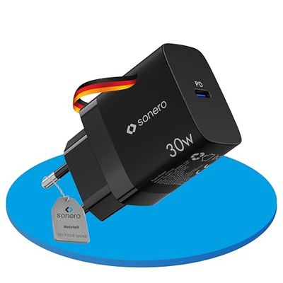 sonero USB C oplader, laadstekker adapter, voeding 30 watt snellader compatibel met Apple iPhone 15, Samsung, tablet, laptop enz., meervoudige GaN PD oplader, zwart