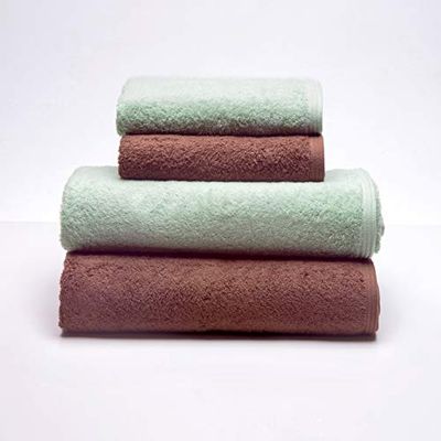 Sancarlos - Zestaw 4 ręczników Ocean Duo, 2 umywalki i 2 łazienki, kolor zielony puder i brązowy, 100% bawełna, 550gr/m2
