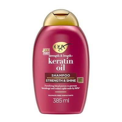 OGX Strength & Length Keratin Oil Shampoo (385 ml), champô fortificante com proteínas de queratina e óleo de argão, surfactantes sem sulfatos, para cabelos danificados