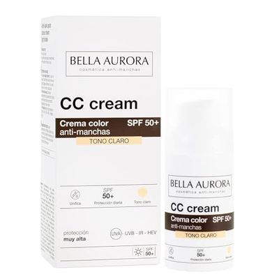 Bella Aurora - CC Cream Anti-Macchie SPF50+ 30 ml, Crema Viso Colorata con Alta Protezione Solare UVA/UVB/IR, con Olio di Argan e Cellule Staminali di Cotone Arabo, Tono Chiaro