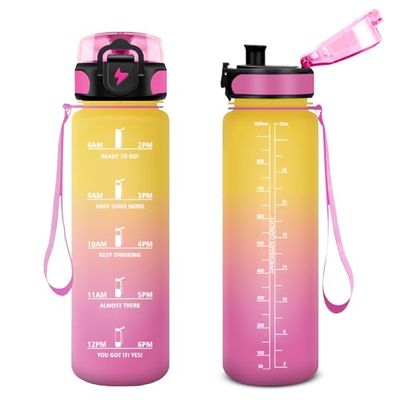 Vikastar VK-TY-SDZYG-1000ML-JB-Yellow-Pink, 500ml/1000ml/1500ml Borraccia con Cannuccia, Senza BPA Unisex-Youth, Giallo & Rosa, 1000 ml
