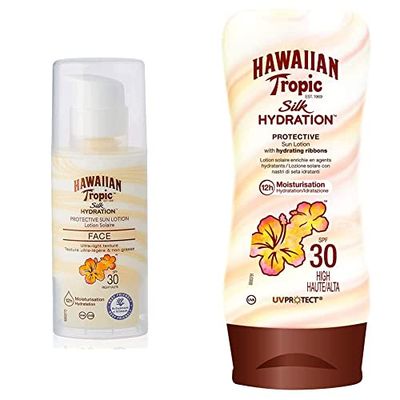 Hawaiian Tropic Silk Hydration Protective - Loción Solar Protectora + Silk Hydration Air Soft Face Spf 30 - Loción Solar Protectora para el Rostro, Crema Hidratante Facial con Protección