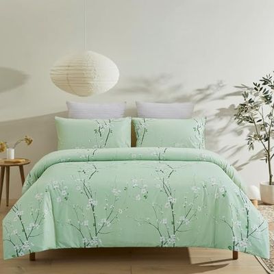 YEPINS Soft Brushed Microfiber Duvet Cover Set with Zipper Closure and Corner Ties, Plum Blossom Branch Floral Printed Pattern, Green Color- King Size(104x90 inches)