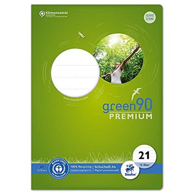 Staufen Green Schrift, DIN A4, liniatuur 21 (9 mm gelinieerd), 16 vellen, premium wit 90 g/m² gerecycled papier, ronde hoeken voorkomen "ezelsoren", 4 verschillende motieven (geen keuze mogelijk), 1