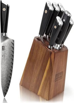SHAN ZU Ceppo Coltelli da Cucina 7 Pezzi in Damasco Giapponesi Set di Coltello Chef 67 Strati 10Cr15MoV Damasco Acciaio ad Alto Tenore di Carbonio Set Coltelli con Manico in Fibra di Vetro G10