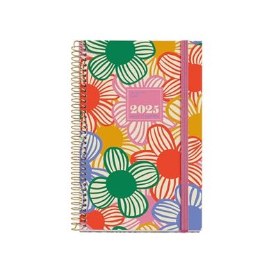 Miquelrius Agenda annuel 2025, 117 x 182 mm, 1 jour par page, couverture carton doublé plastifié, spirale, fermeture élastique, papier 80 g/m², espagnol, anglais et portugais, flowery