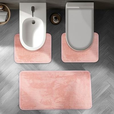 Comart - Lot de Tapis de Bain Tahiti - Tris Tapis absorbants : 1 rectangulaire 45 x 75 cm + 2 Tours d'eau 45 x 37,5 cm - Séchage Rapide - Gain de Place - Antidérapant - Lavable en Machine - Rose