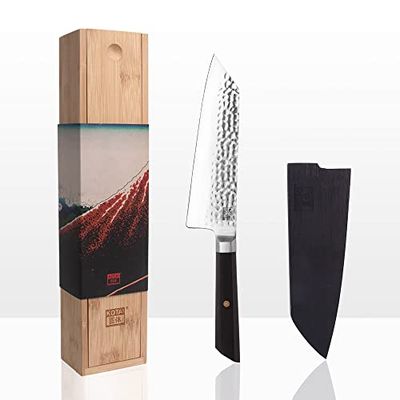 KOTAI | Couteau de Chef Santoku Bunka avec Saya et boîte en Bambou | Lame 17 cm | Couteau de Cuisine | Martelé et Aiguisé à la Main | Acier Inoxydable Japonais 440C Ultra-Tranchant
