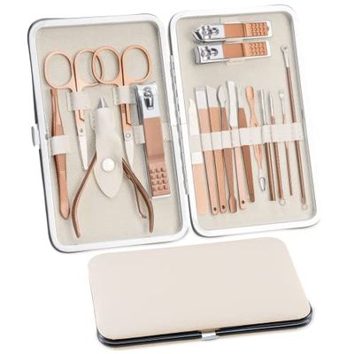 Manicure Set 18 Pieces Nail Care Set, Pedicure Care Set, Women's Men's Nail Clippers Set, Stainless Steel Nail Set, Nail Case, Beauty Kit, Portable for Travel (Rose Gold)