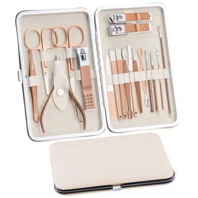 Set per manicure, 18 pezzi, set per la cura delle unghie, per pedicure, da donna e da uomo, in acciaio inox, set di manicure per unghie, set di bellezza portatile, per viaggi (oro rosa)