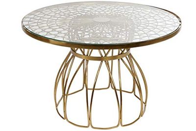 Ronde salontafel van ijzer en glas, etnisch en goudkleurig, 71 x 71 x 45 cm
