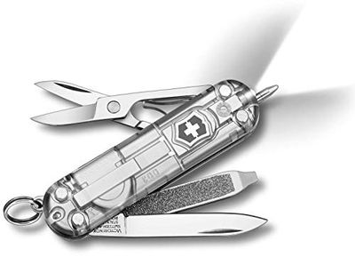 Victorinox Signature Lite, Navaja suiza con 7 funciones, incluyendo bolígrafo y luz LED, de color plateado transparente