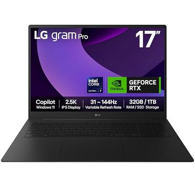 LG gram Pro 17Z90TR-E - 17 inch 2.5K 144Hz VRR, Ultra-Lightweight Laptop, Intel Core Ultra 7 255H, NVIDIA GeForce RTX 5050, 32GB RAM, 1TB SSD, Windows 11 Home, Copilot, Hybrid AI, Black (2025)