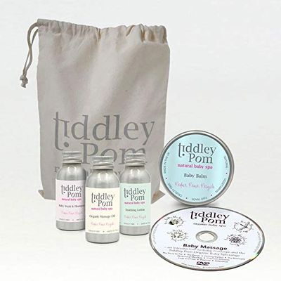 Tiddley Pom Mini Spa Baby Gift Set, containing Massage Oil, Balm, Lotion, wash and Massage DVD