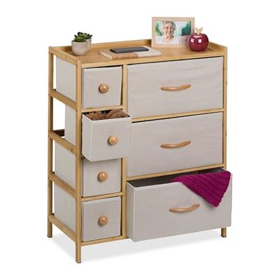 Relaxdays Dresser, Storage Unit, Bamboo, 7 Fabric Drawers, Hallway, Bedroom, HWD: 73 x 61.5 x 32.5 cm, Cabinet, Beige