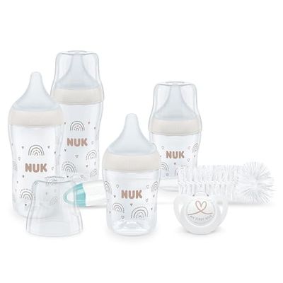 NUK Perfect Match Perfect Start babyflessenset, vanaf 0 maanden, past zich aan de baby aan, 4 anti-colic-babyflessen, fopspeen, flessenborstel en meer, BPA-vrij, 7 stuks