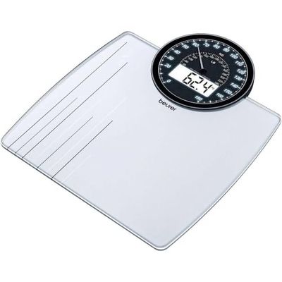 Beurer, GS 58 glazen weegschaal personenweegschaal met rond cockpit-display met analoog, digitaal display en herinneringsfunctie voor vergelijkbare weegresultaten