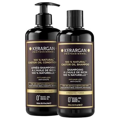 Kerargan - Duo Anti-Chute Shampoing & Après-shampoing à l'Huile de Ricin pour Cheveux Secs, Cassants, Dévitalisés - Favorise la Croissance - Sans Sulfate, Silicone, OGM - 2x500 ml