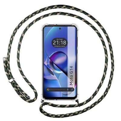 Tumundosmartphone Custodia a sospensione trasparente per Motorola Moto G14 con cordino verde/oro