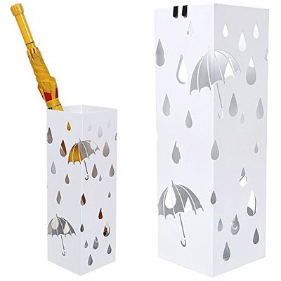BAKAJI Umbrella Stand in Iron Design Square Shape White Colour Drip Tray and Hooks for Folding Umbrellas - 49 x 15 x 15 cm