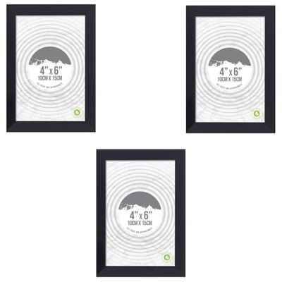 3pk Photo Frames, 4 x 6'' Black Ribbed Clear Glass Front Design Freestanding Wall Mount Picture Photo, Ideal for certificates, pictures and photographs