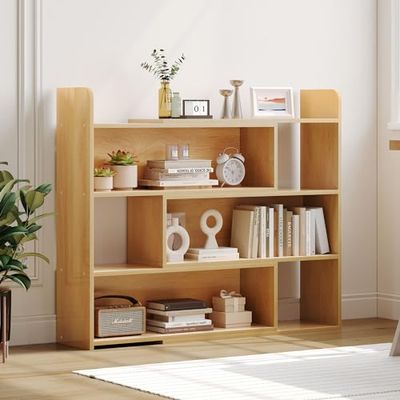 YITAHOME Boekenkast met 4 niveaus, open boekenkast, boekenplank met 6 opbergkasten, houten display, opbergrek, kantoor, voor woonkamer, slaapkamer, eiken, 80 x 24 x 90 cm