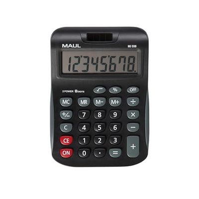Maul Miniräknare Mj550, Stor, Vinklad Skärm, 8 Siffror, 15,5 x 11 cm, Allroundfunktioner För Kontor, Hem, Skola, Solcell/Batteri, Svart