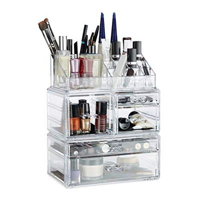 Relaxdays Organizer Make-Up con 21 Scomparti, Contenitore per Cosmetici, Rossetti, Trucchi, in Acrilico, Trasparente