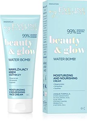 Eveline Cosmetics Beauty&Glow fuktgivande och närande kräm med trippelhyaluronsyra, kokosvatten och probiotika - 24H fuktgivande för torr och känslig hud - vegan - 75 ml