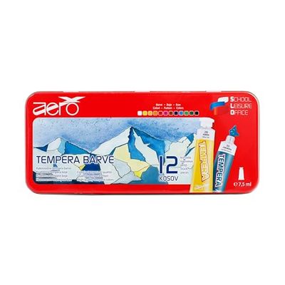 AERO Tempera kleuren, 12 kleuren à 7,5 ml, in praktische metalen doos met landschapsmotief, heldere en intense kleuren, sterk gepigmenteerd, met water te schilderen, geschikt voor talrijke