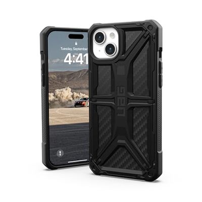 Urban Armor Gear Monarch Funda Protectora Compatible con Apple iPhone 15 Plus [Carga inalámbrica Compatible, Protección Militar estándar de 5 Capas, Borde Elevado] Carbon Fiber