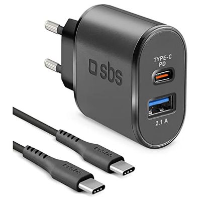 SBS Caricabatterie da Viaggio 18W Fast Charge per iPhone, Samsung, Oppo, Xiaomi, Kit di Ricarica con Caricatore Power Delivery e Cavo USB-C a USB-C, nero