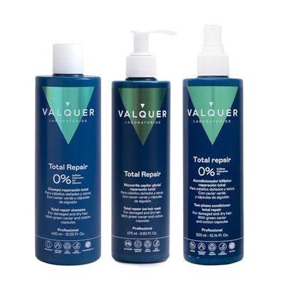 Valquer Professional Pack Total Repair Hair: Shampooing Zéro% 400 ml + Masque Effet Glace 300 ml + Revitalisant Biphasique 300 ml. Cheveux abîmés 1300 g (3 unités)