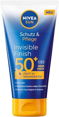 NIVEA SUN Skydd och vård osynlig finish SPF 50+, vattentätt solskydd med hyaluron, snabbabsorberande solskyddsmedel för intensiv fukt utan vita rester (150 ml)