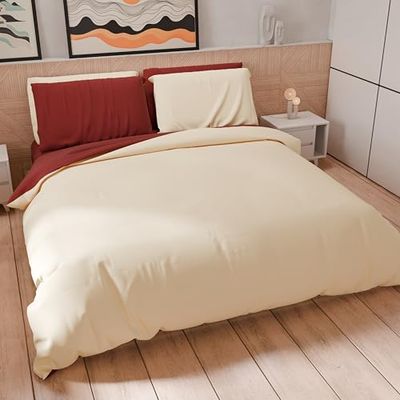 PETTI Artigiani Italiani - Set Copripiumino Matrimoniale 250x200 cm (2 Federe 50x80 cm Incluse), Parure Copripiumino Morbida Microfibra Tinta Unita Panna - Bordeaux