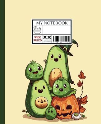 My Notebook: Kawaii Avocado Halloween Anime Style Composition Notebook with Wide Ruled Lines: Perfect for School and Home