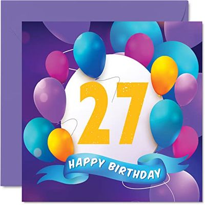 27e Verjaardagskaart voor Mannen Vrouwen - Ballon Party - Gelukkige Verjaardagskaarten voor 27 Jaar Oude Man Vrouw Broer Zus Zoon Dochter Tante Oom Vriend Neef, 145mm x 145mm Bday Wenskaarten Gift