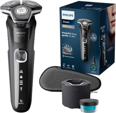Philips Serie 5000 Afeitadora Eléctrica Hombre, Máquina de Afeitar Barba con Recortadora, 45 cuchillas, Cuida la piel, 60min de uso, En Seco y Húmedo, Recargable, Centro de Limpieza, S5898/50, Negro