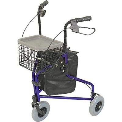 Aidapt Blue Folding Light Weight Aluminium 3 Wheeled Tri Walker Rollator Mobility Aid with Carry Bag, Basket, Tray and Lockable Brakes for Indoor and Outdoor use.