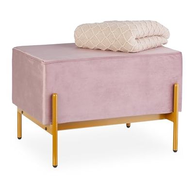 Relaxdays Banco de Terciopelo, Otomana Tapizada, Patas de Metal, 40 x 60 x 43 cm, Taburete Dormitorio y Pasillo, Rosa, Hierro