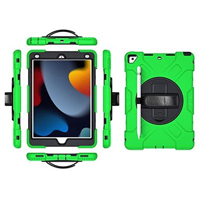 iPad mini6 2021 generationen fodral med skärmskydd pennhållare Kickstand 360 roterande handledsrem handledsrem stativ robust skyddsfodral (gräs-grön)