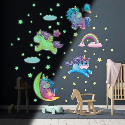 Ambiance Sticker Phosphorescent Lumineux Autocollant Mural Plafond Enfant Fluorescent Licornes dans les Étoiles - H50 x L30 cm