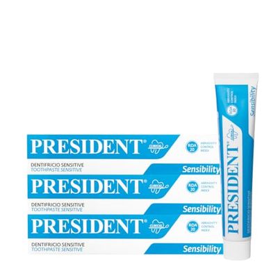 President KIT 3 DENTIFRICIO SENSITIVE per Denti e gengive Sensibili. Delicato, dona rapido sollievo alla sensibilità dentale e protegge le gengive. RDA 20. 3x75ml
