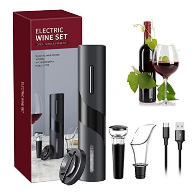 Electric Wine Bottle Opener Set, Wireless Electric Corkscrew, Automatic Wine Opener Bottle Opener with Foil Cutter, Vacuum Plug and Wine Spout for Families,Parties