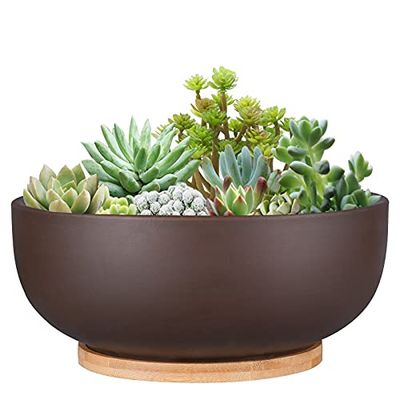 Thirtypot Fioriera in terracotta da 25 cm, grande vaso per bonsai con foro di drenaggio e piattino in bambù, per piante da interno, marrone