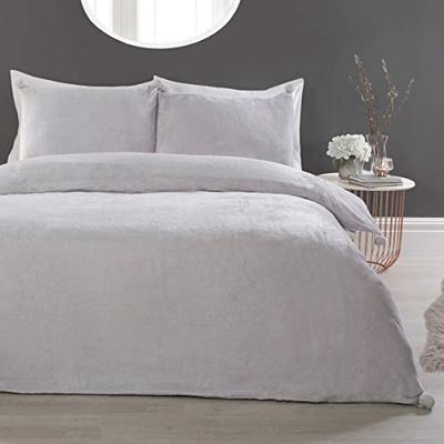 Sleepdown Pom Silver Fleece Warm Cosy Super Soft Easy Care Plain Flannel Duvet Cover Quilt Bedding Set with Pillowcases-King (220cm x 230cm)