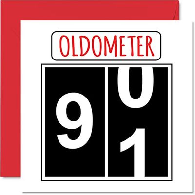 Leuke 91e verjaardagskaarten voor mannen en vrouwen - Oldometer - Happy Birthday Card voor overgrootvader opa Nanny oma Nan Gran oma papa mama, 145 mm x 145 mm wenskaarten, 91e verjaardagskaart
